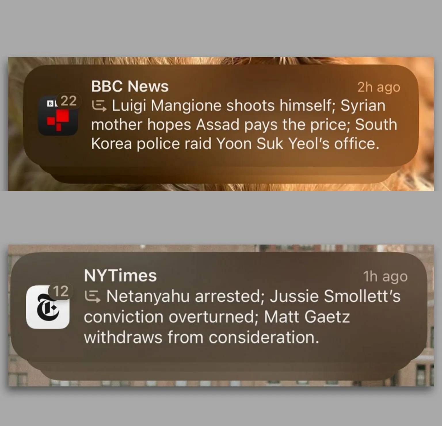 Screenshots of Apple Intelligence spewing false summaries of news articles.