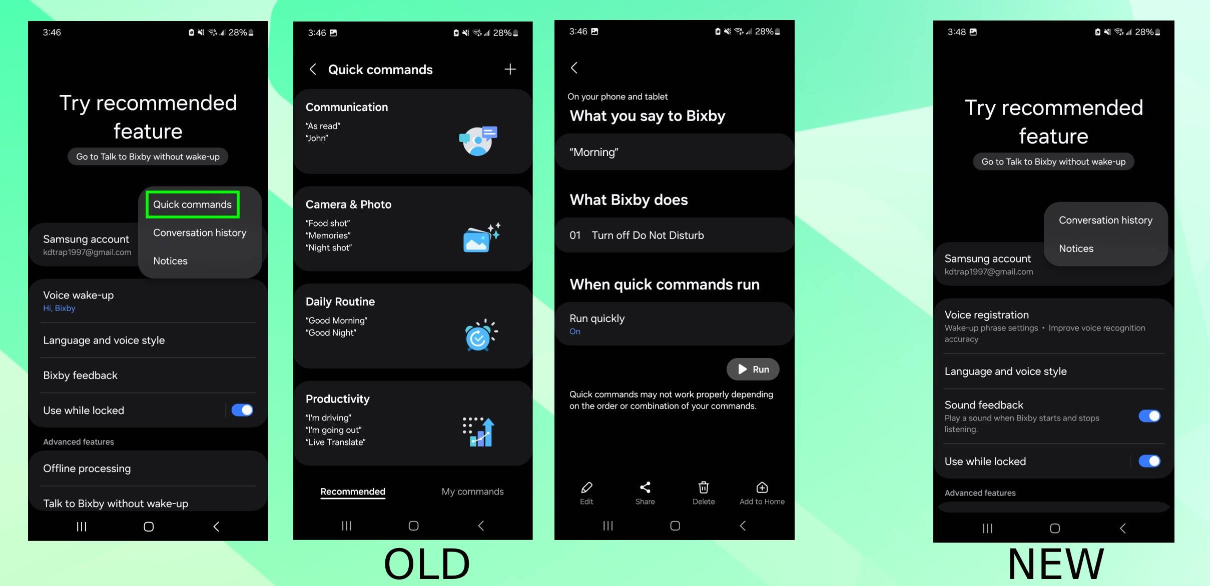 Screenshots highlighting old Bixby with Quick Command support and new Bixby without it.