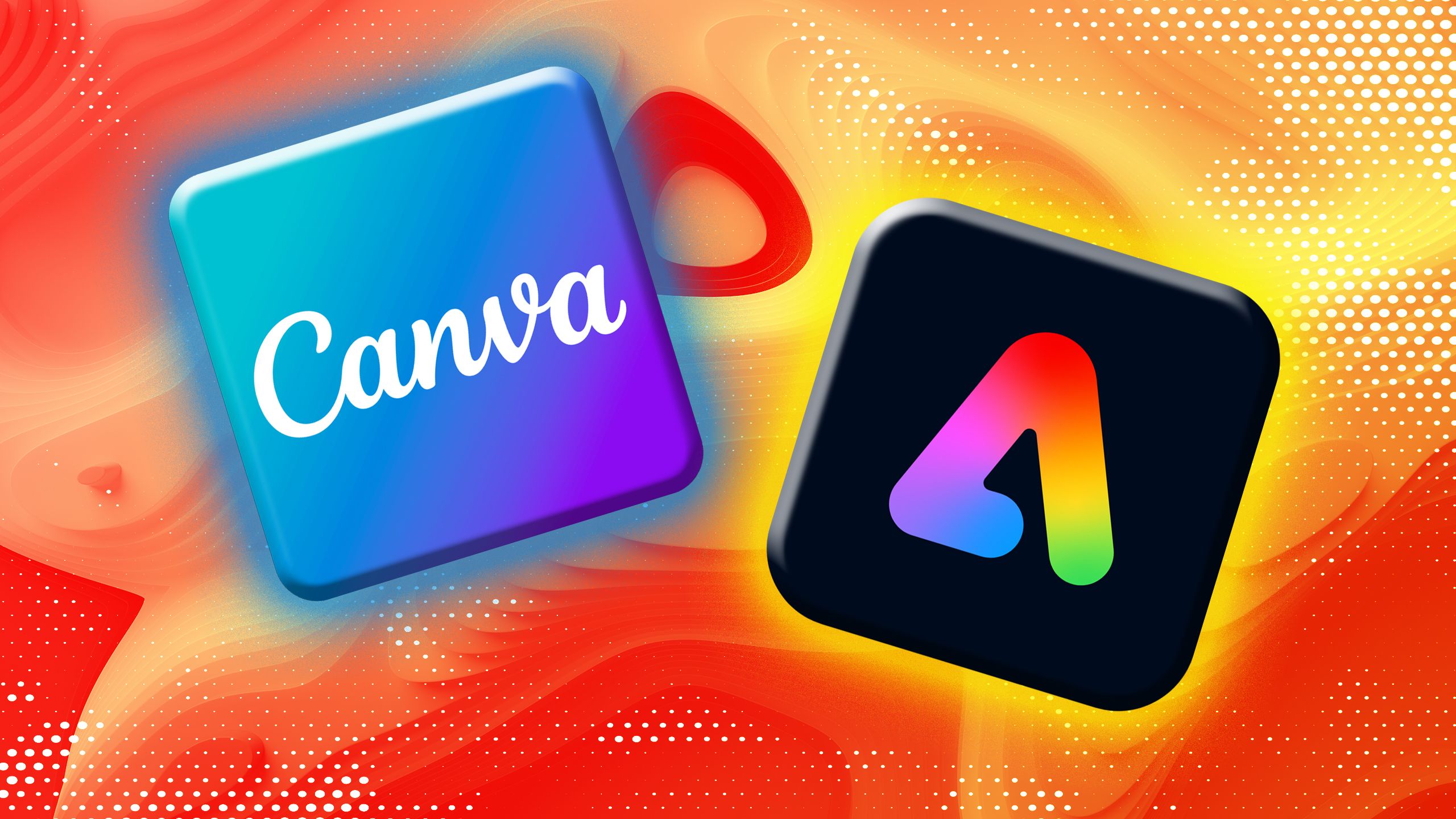 Canva and Adobe Express logos on an orange textured background