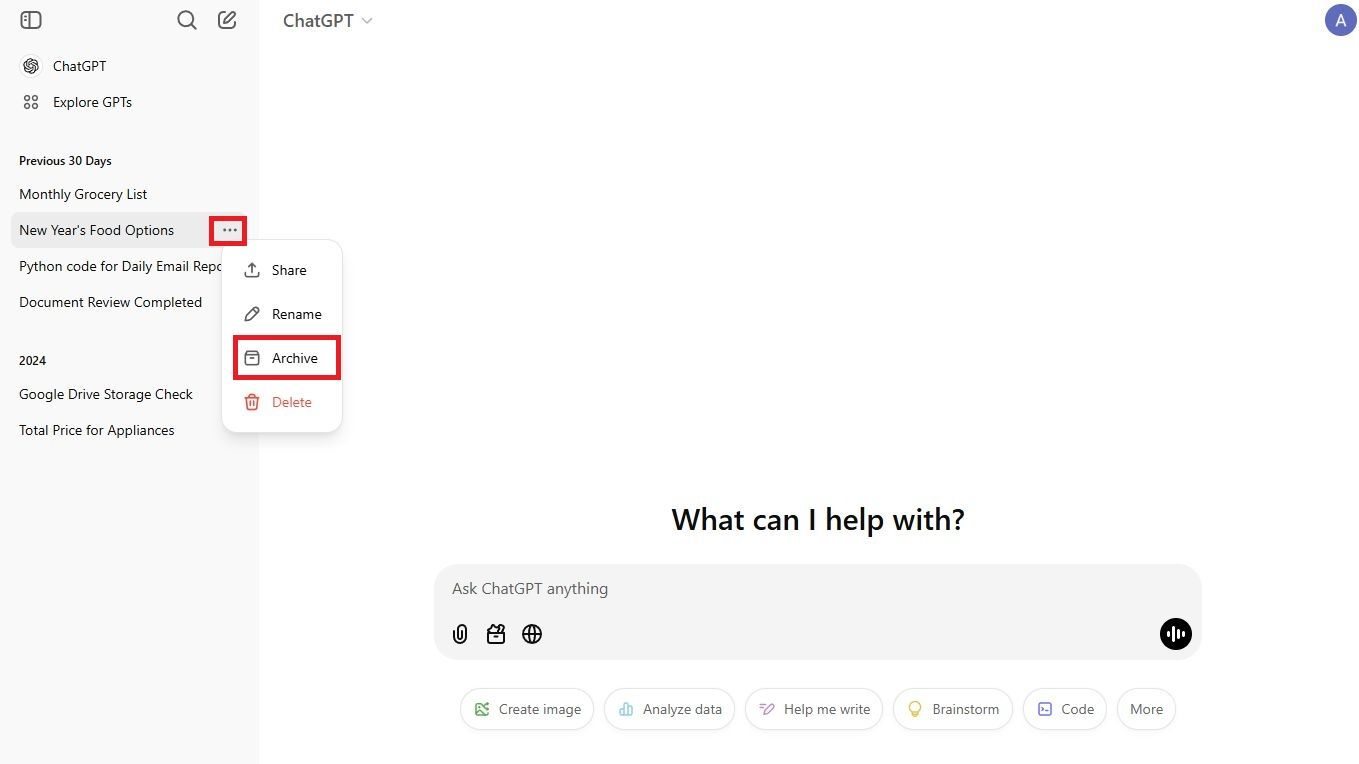 Screenshot highlighting Archive on the ChatGPT website