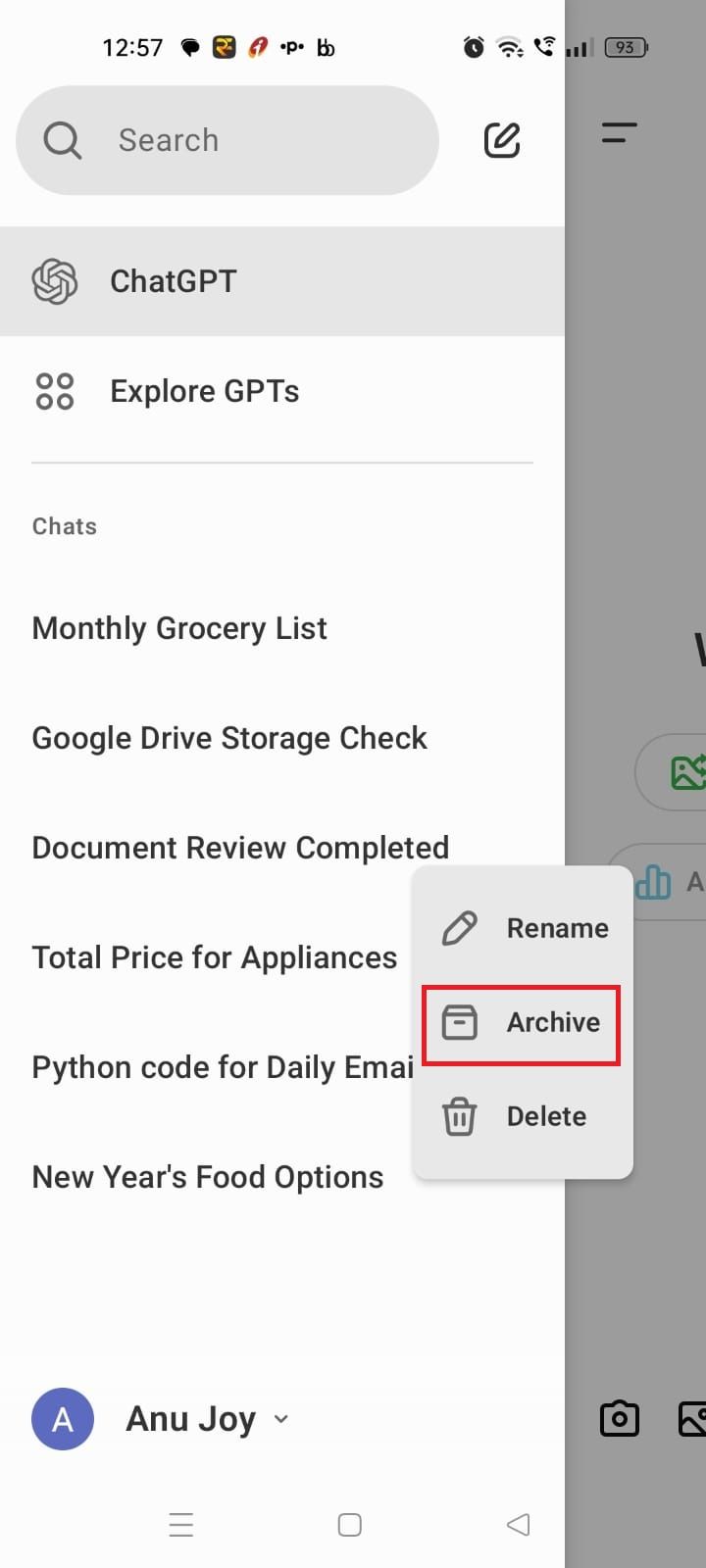Screenshot highlighting Archive on the ChatGPT mobile app 