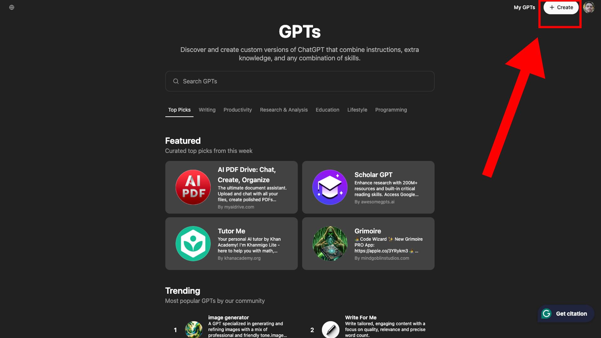 GPTs interface with a 'Create' button highlighted in the top right corner