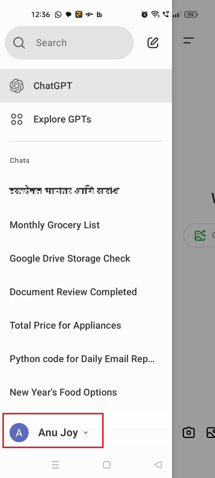 Screenshot highlighting the user profile on the ChatGPT mobile app 