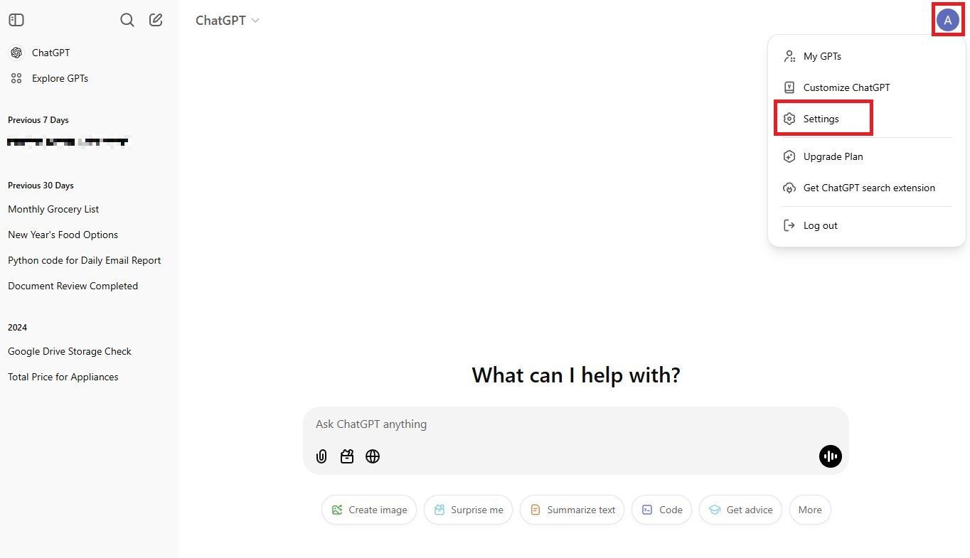 Screenshot highlighting Settings on the ChatGPT website 