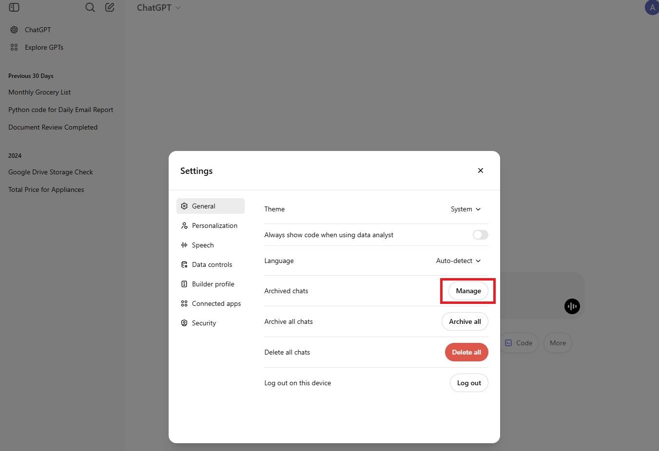 Screenshot highlighting Manage on the ChatGPT website
