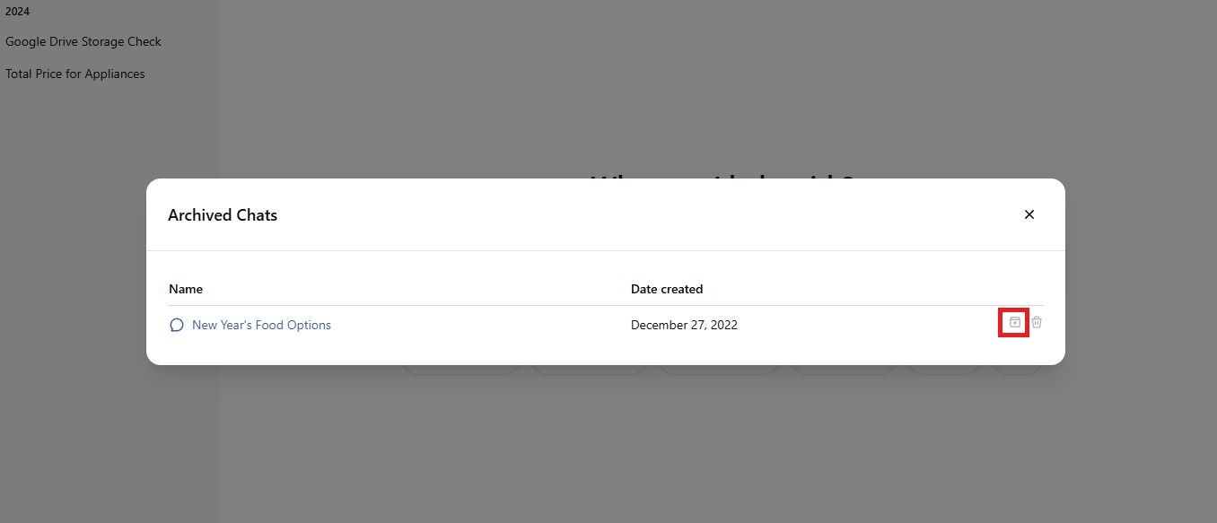 Screenshot highlighting the archive option on the ChatGPT website