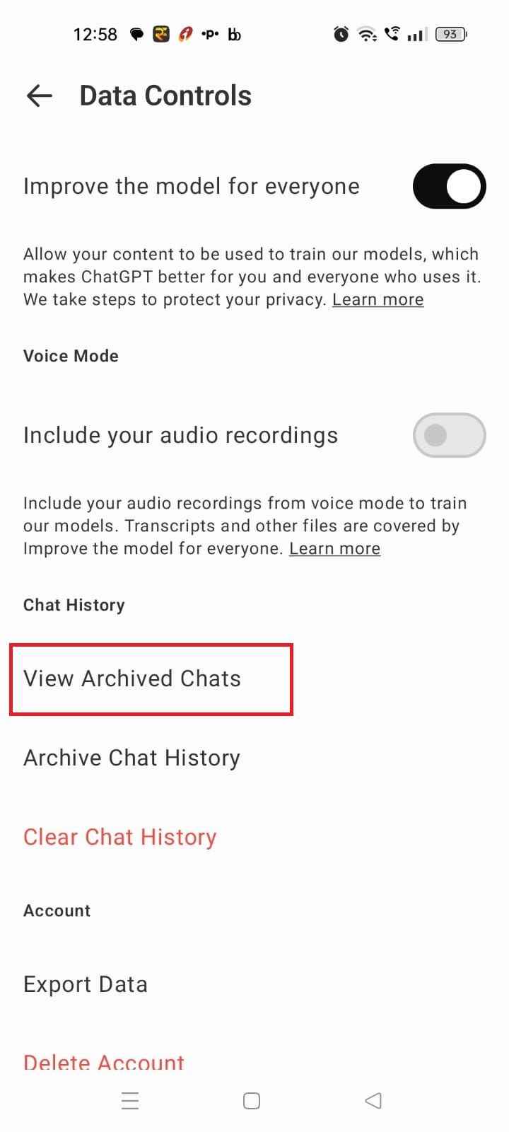 Screenshot highlighting View Archived Chats on the ChatGPT mobile app