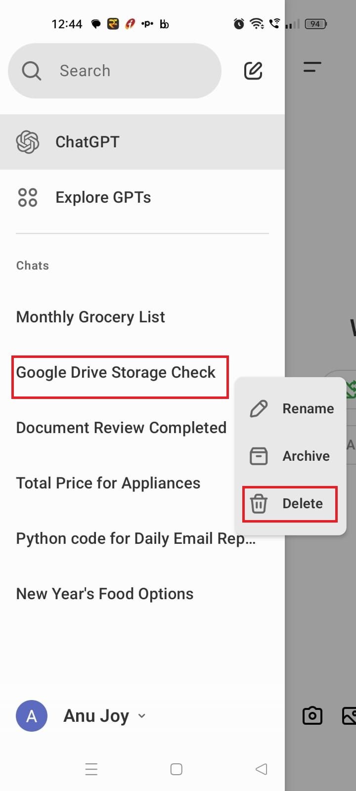 Screenshot highlighting Delete on the ChatGPT mobile app 