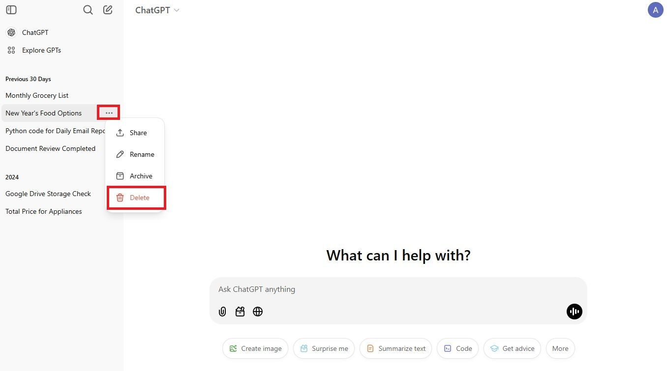 Screenshot highlighting Delete on the ChatGPT website
