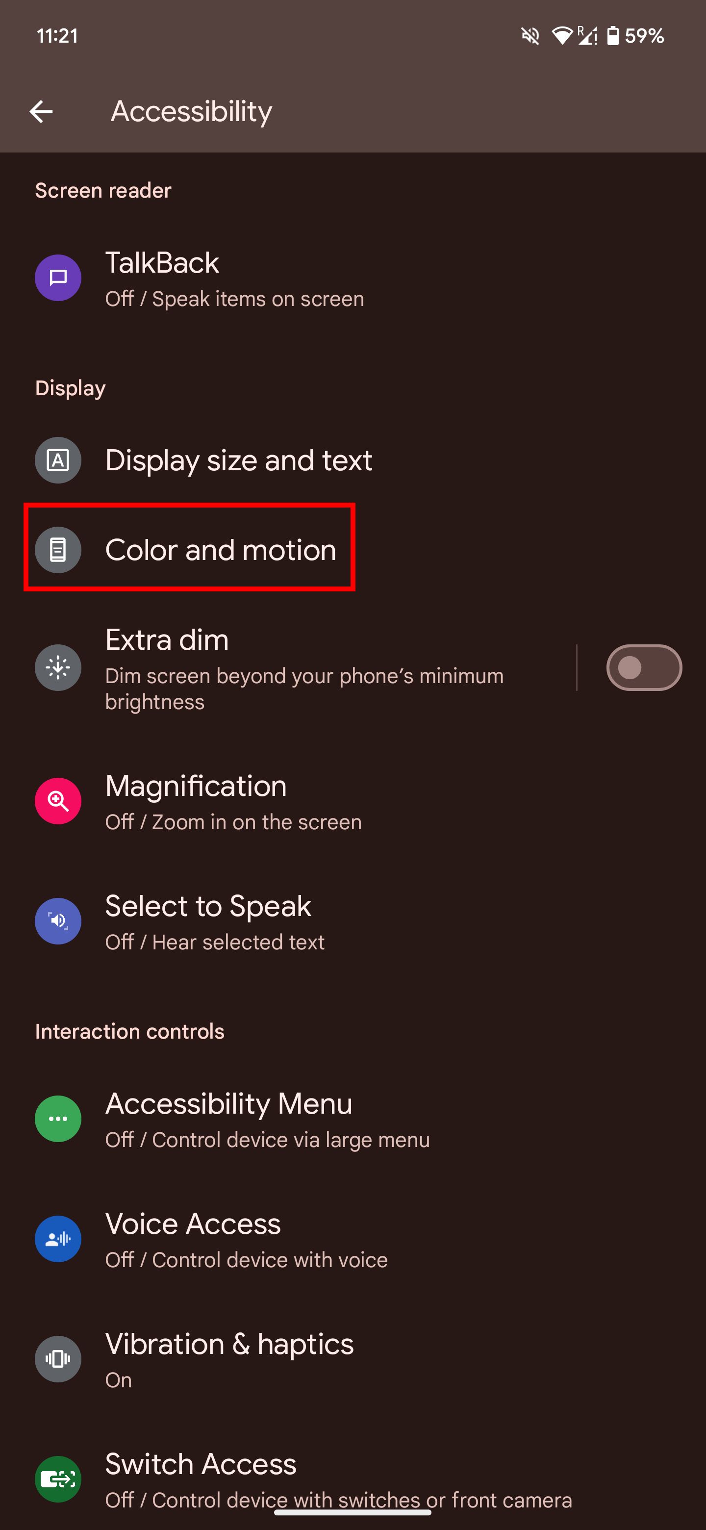 Select Accessibility and then choose Color and motion.