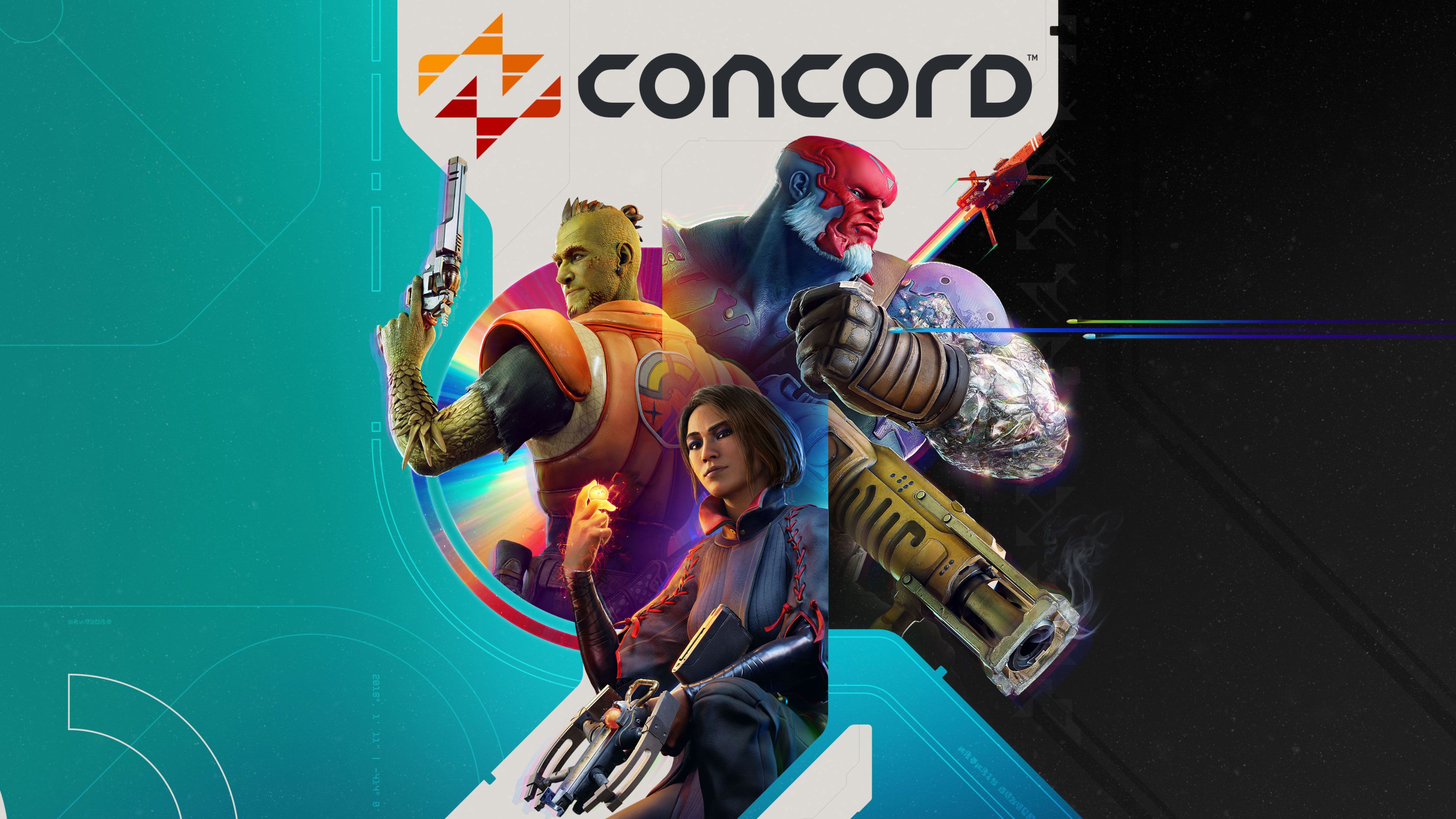 A promotional image for Concord, featuring three distinct characters