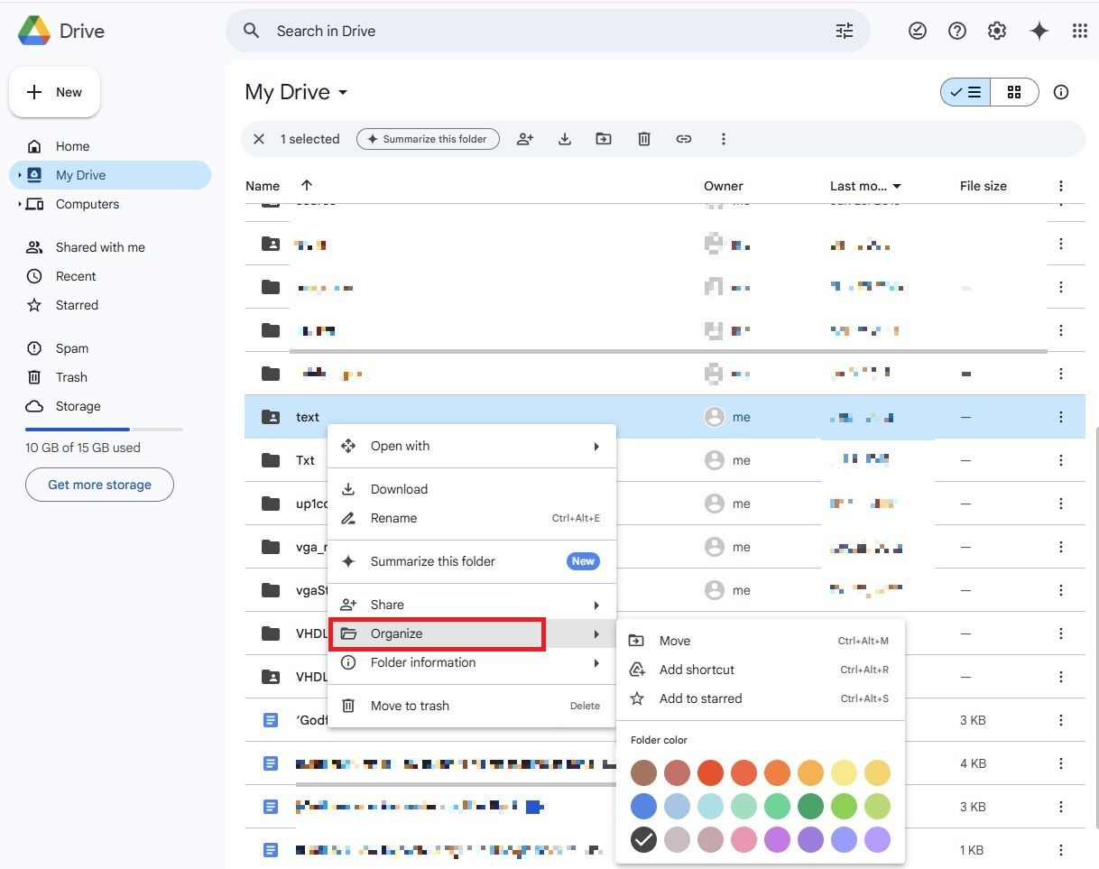 Screenshot highlighting Organize in Google Drive