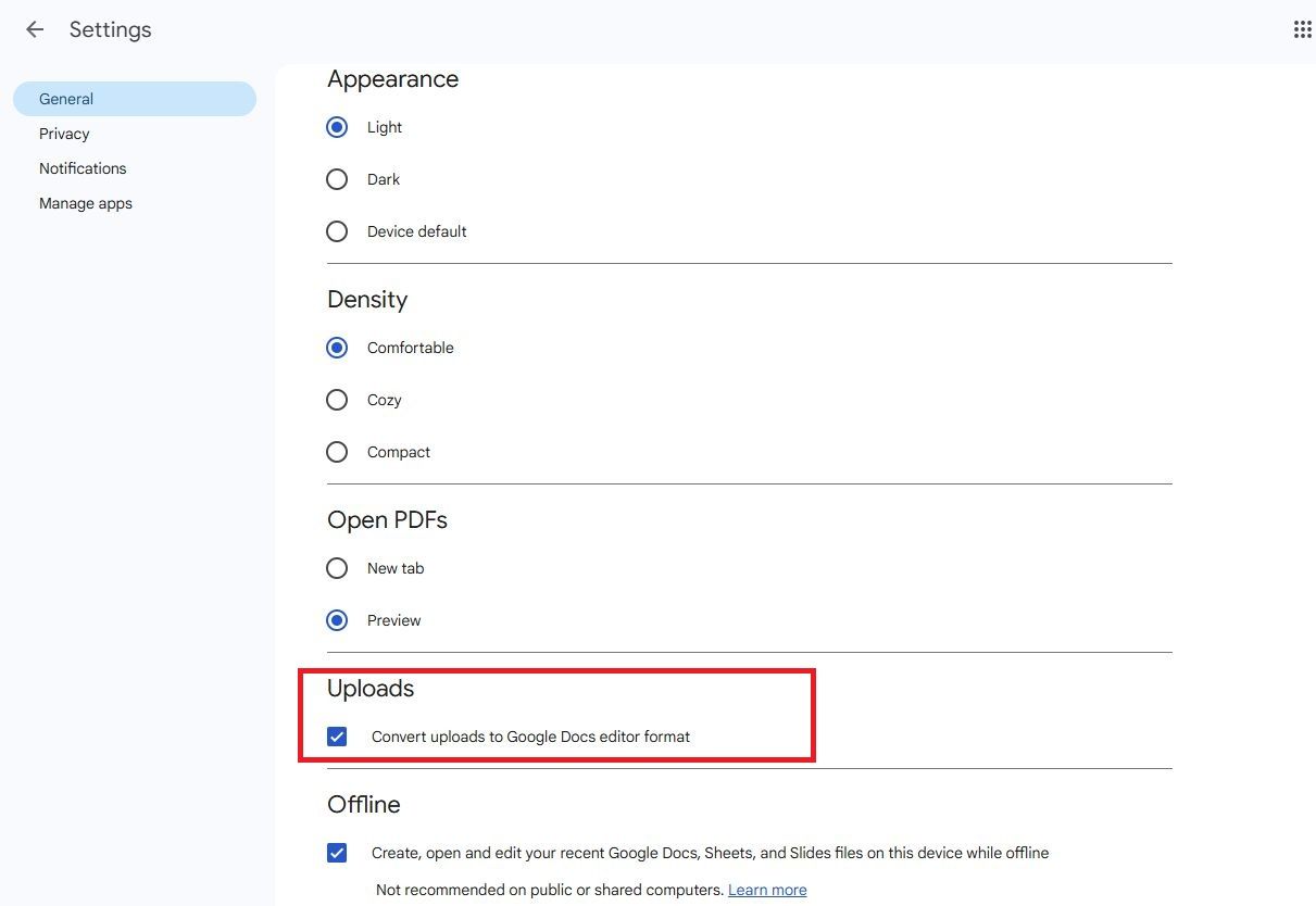 Screenshot showing the Uploads option in Google Drive