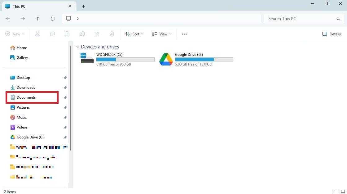 Screenshot highlighting the Documents folder in Explorer