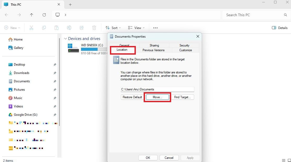 Screenshot highlighting the Move button
