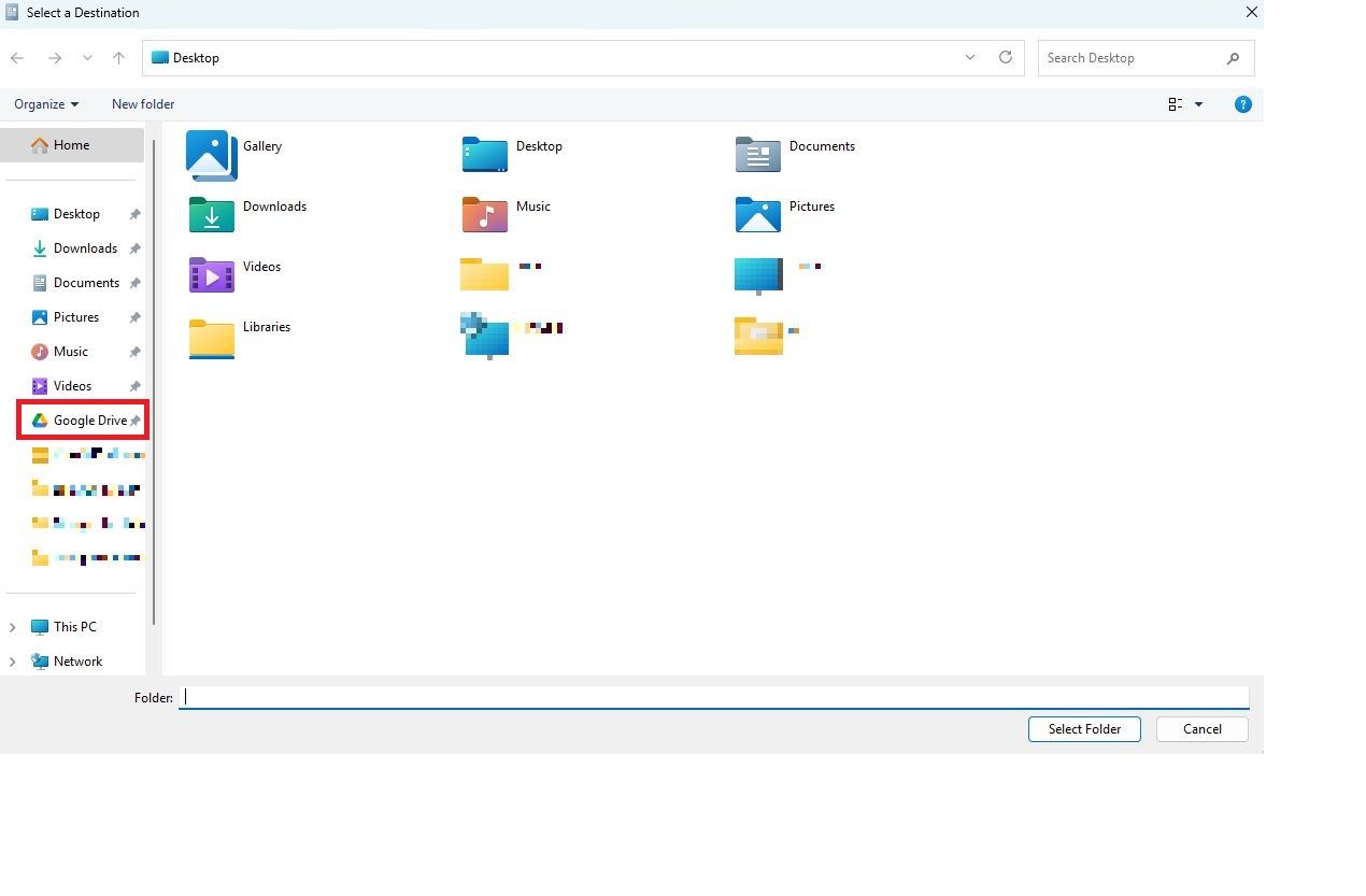 Screenshot highlighting the Google Drive folder in File Explorer