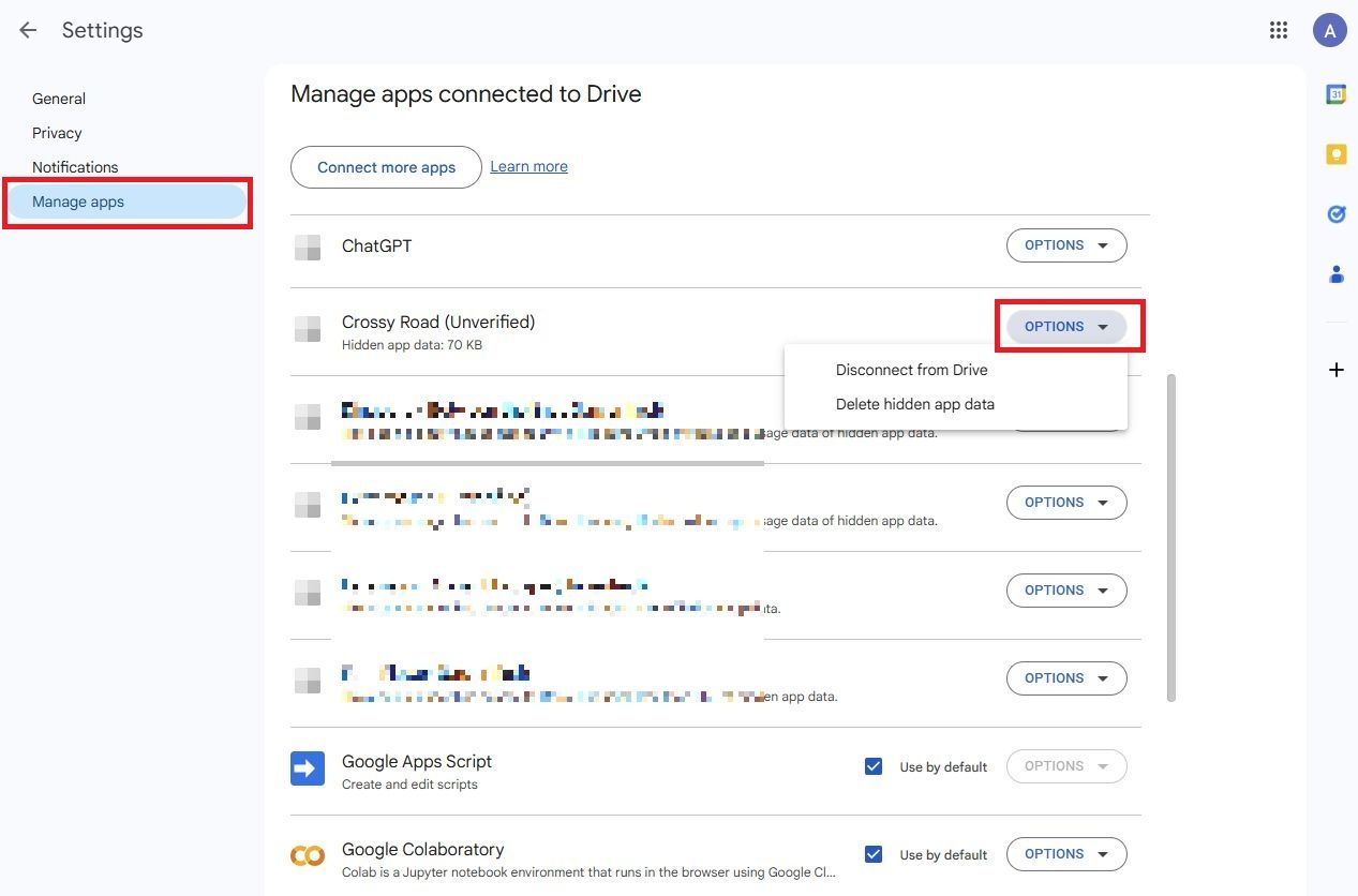 Screenshot highlighting Options in Google Drive