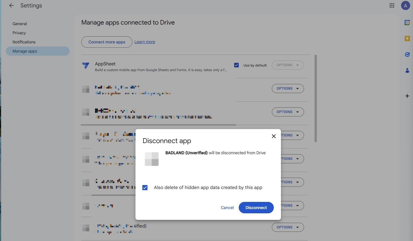 Screenshot showing the Disconnect pop-up in Google Drive
