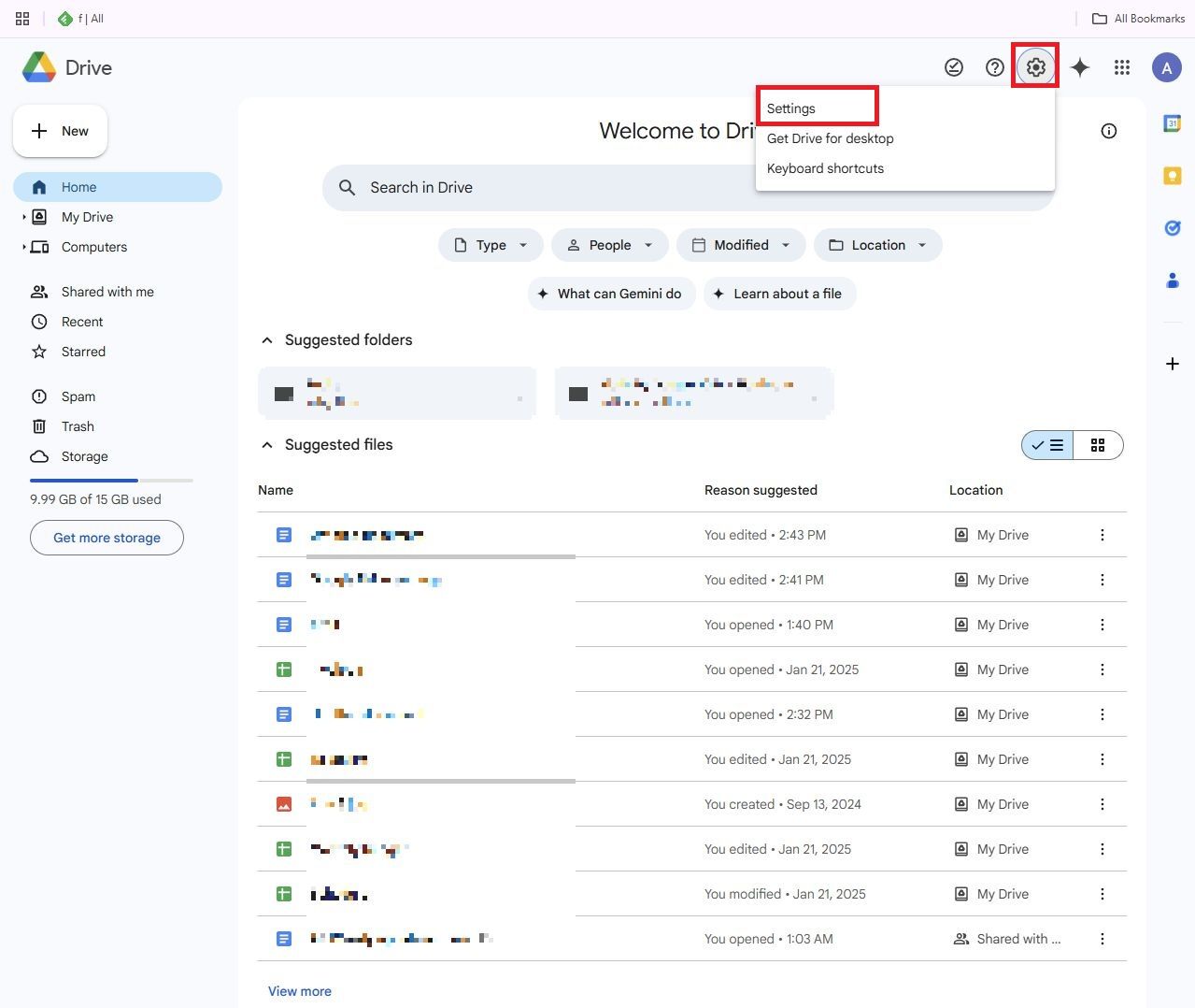 Screenshot highlighting Settings in Google Drive