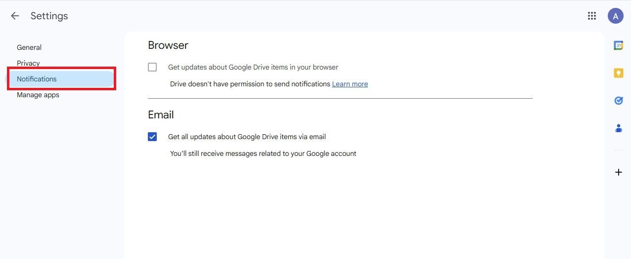Screenshot highlighting Notifications in Google Drive