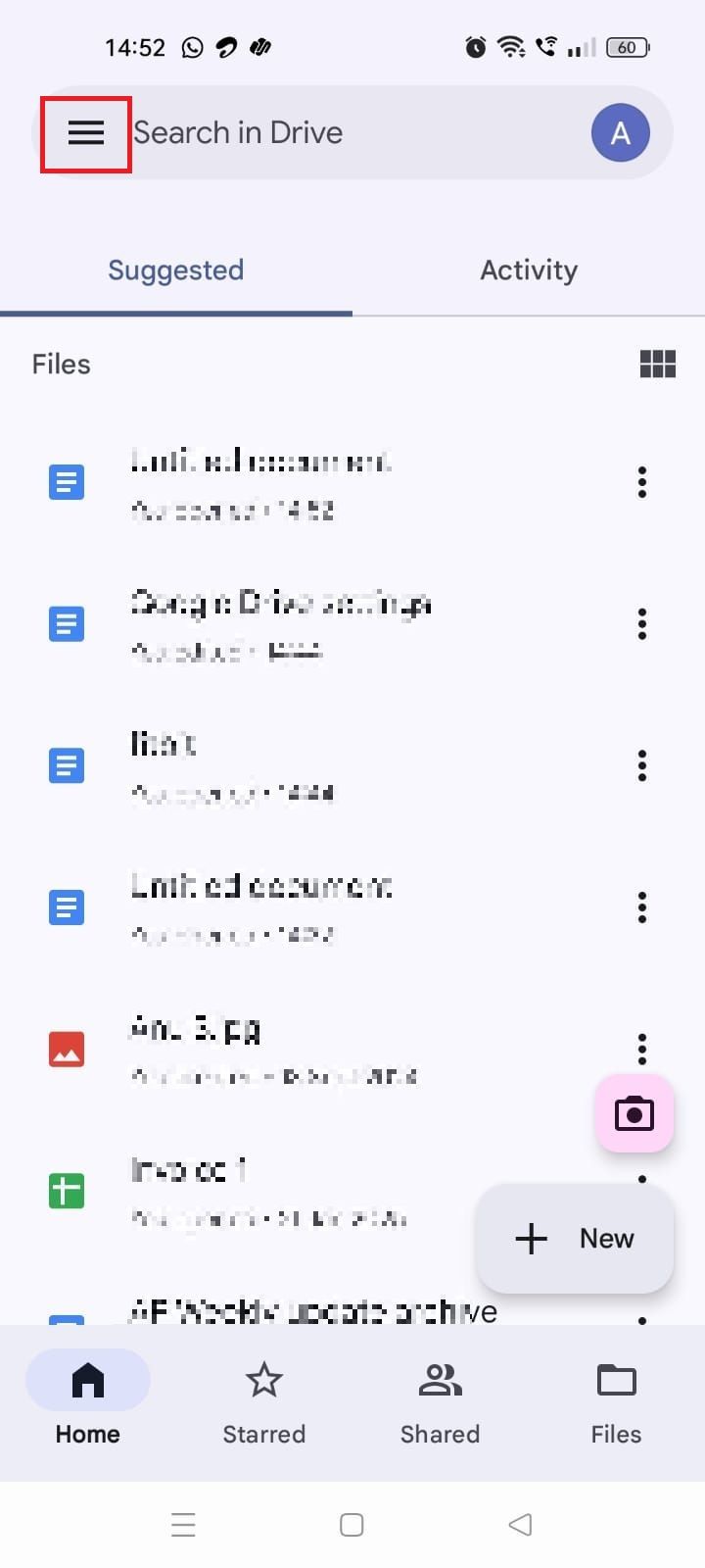 Screenshot highlighting the menu icon in the Google Drive mobile app