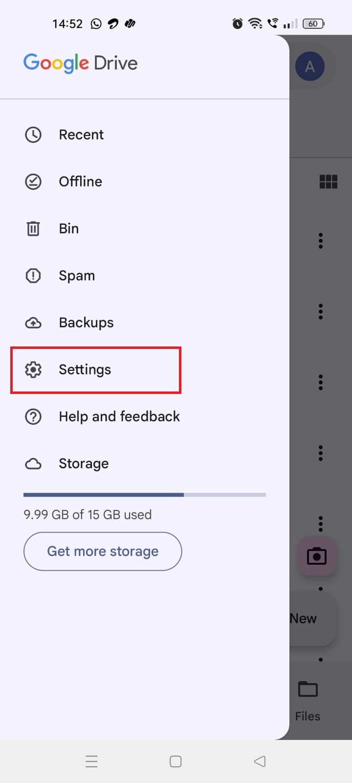 Screenshot highlighting Settings in the Google Drive mobile app