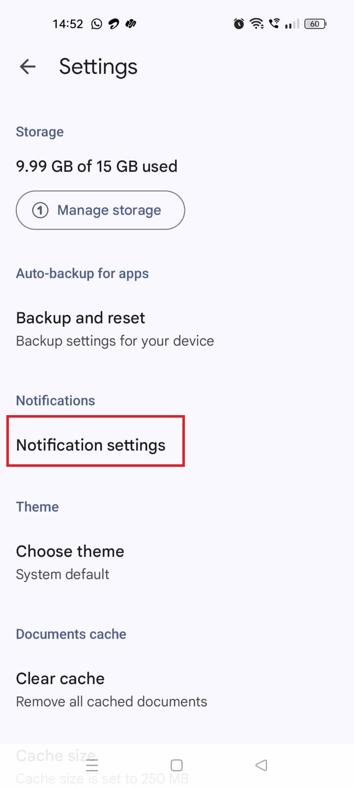 Screenshot highlighting Notification settings in the Google Drive mobile app