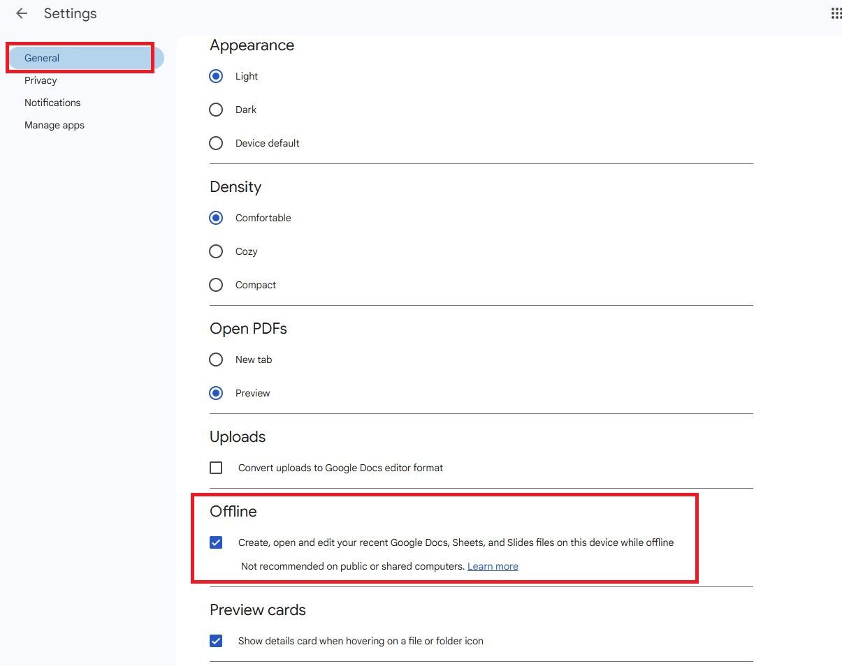 Screenshot highlighting General in Google Drive