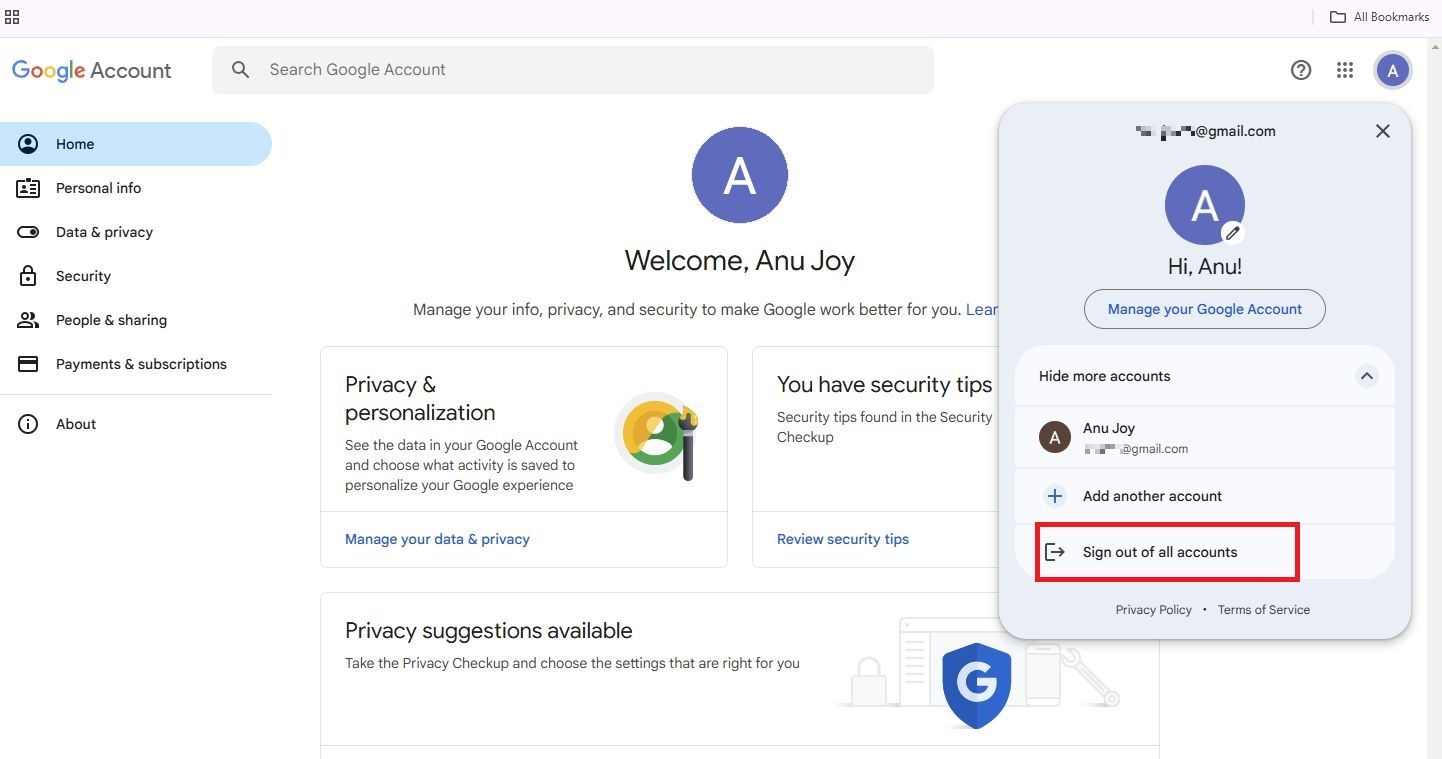 Screenshot highlighting Sign out of all accounts in Google Drive