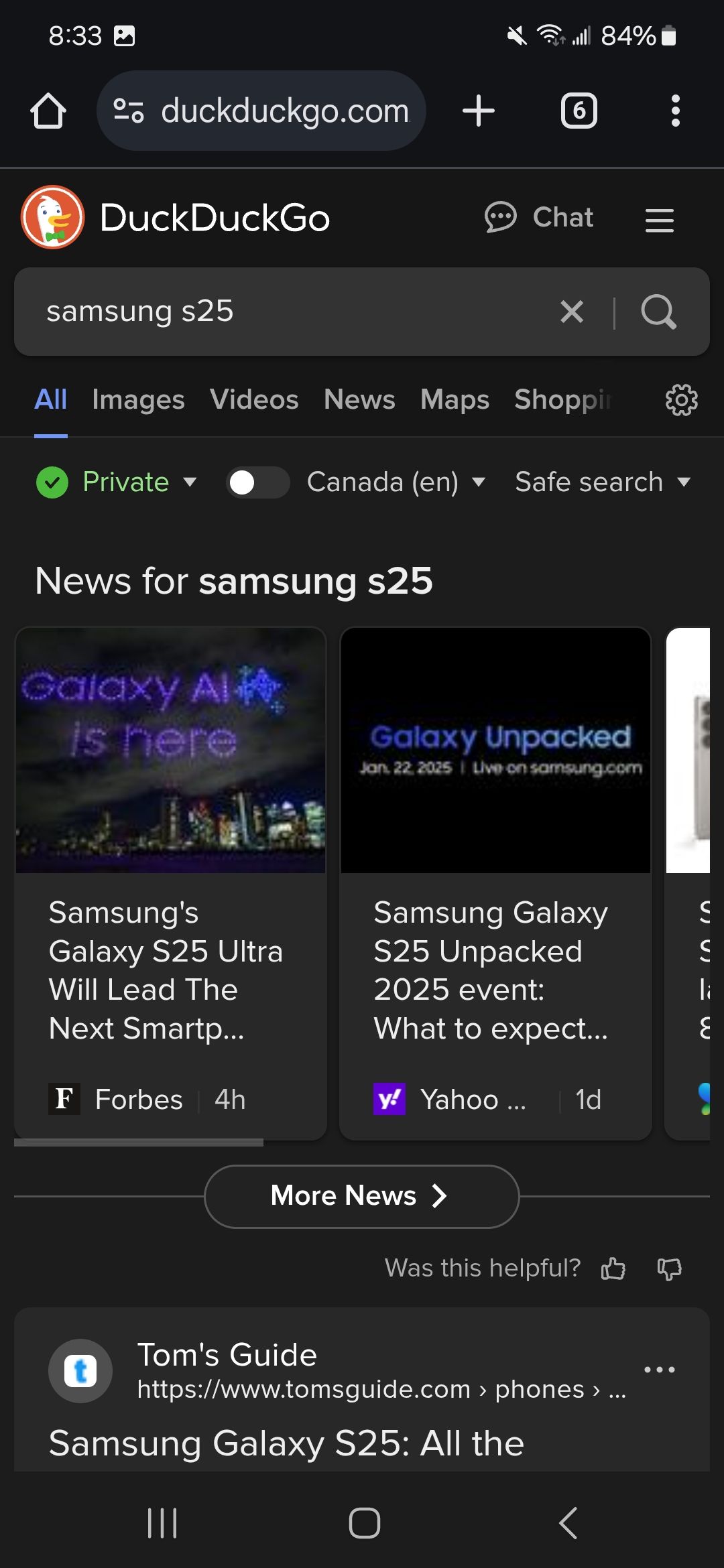 DuckDuckGo search query results in the all tab