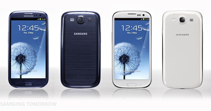 four samsung galaxy s iii phones front and back blue and white