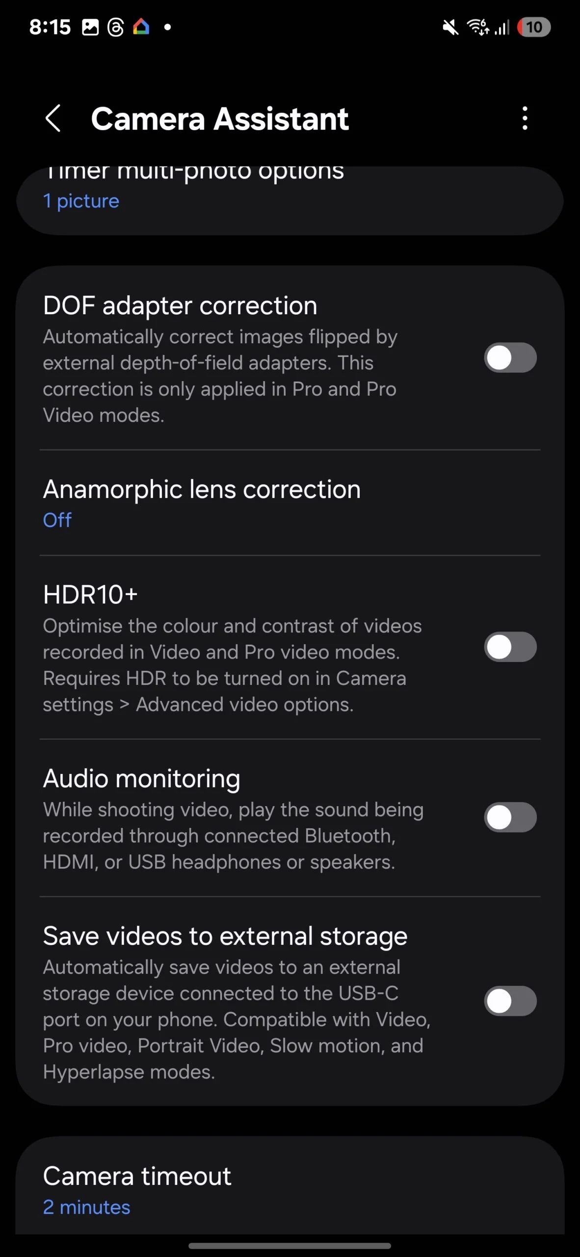 A screenshot showing the new toggles in the Galaxy S25’s Camera Assistant Good Lock module