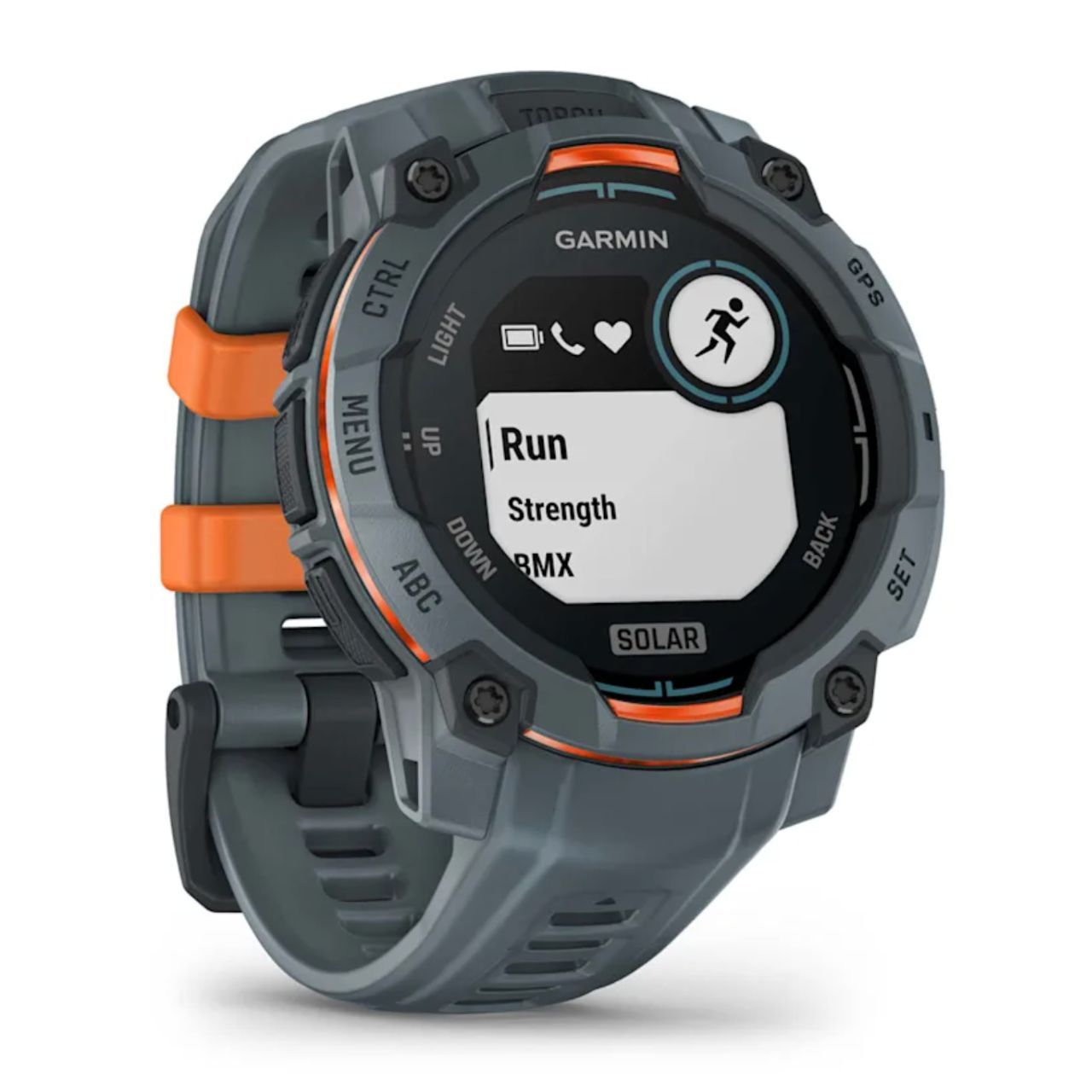 A gray Garmin smartwatch on a white background