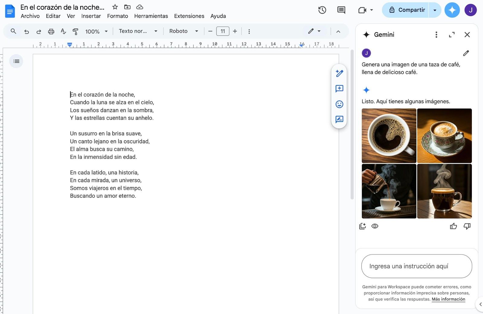 Gemini generating images in Google Doc's side panel in Spanish language