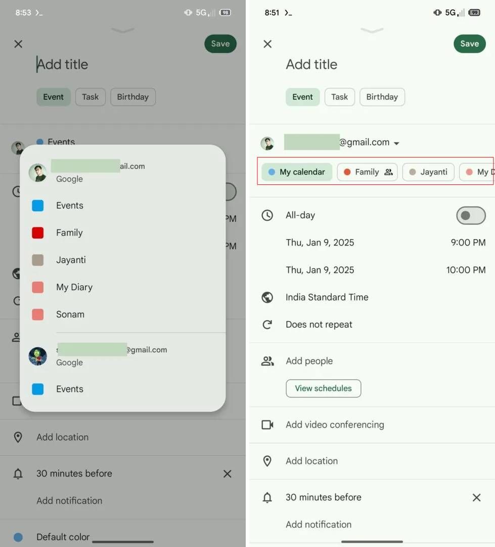 (Left) Google Calendar's current event creation UI. (Right) Google Calendar's upcoming event creation UI.