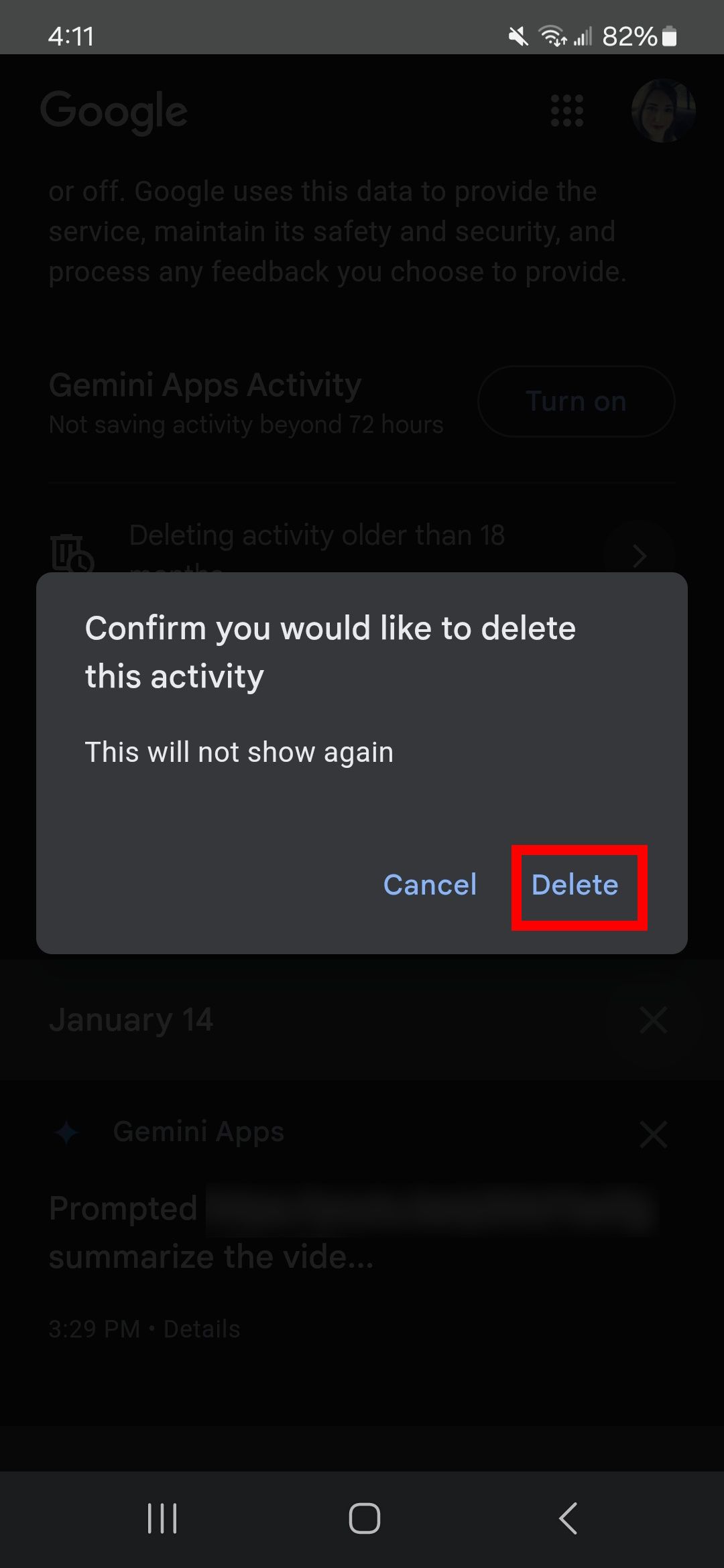 Red rectangle outline highlighting the Delete option in Confirm you would like to delete this activity in Google Gemini app