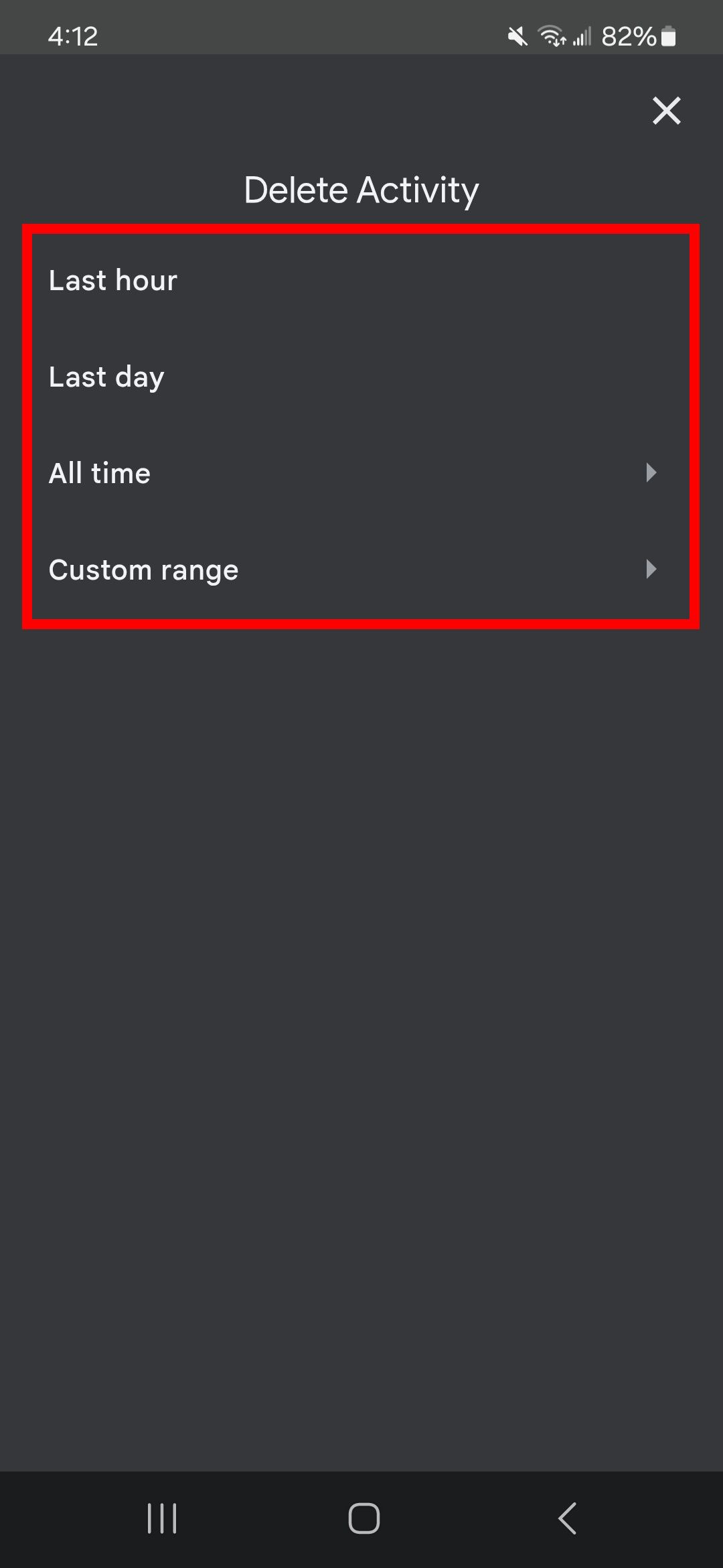 Delete activity page showing timeframe options in Gemini app