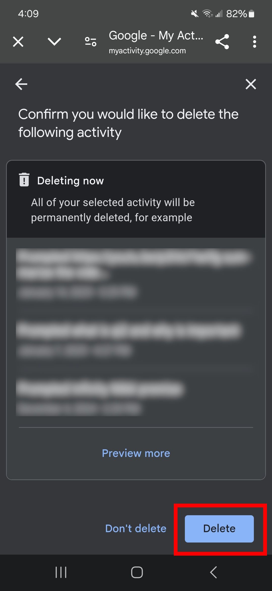 Red rectangle highlighting the Delete button on the Confirm you would like to delete the following activity page in the Gemini app