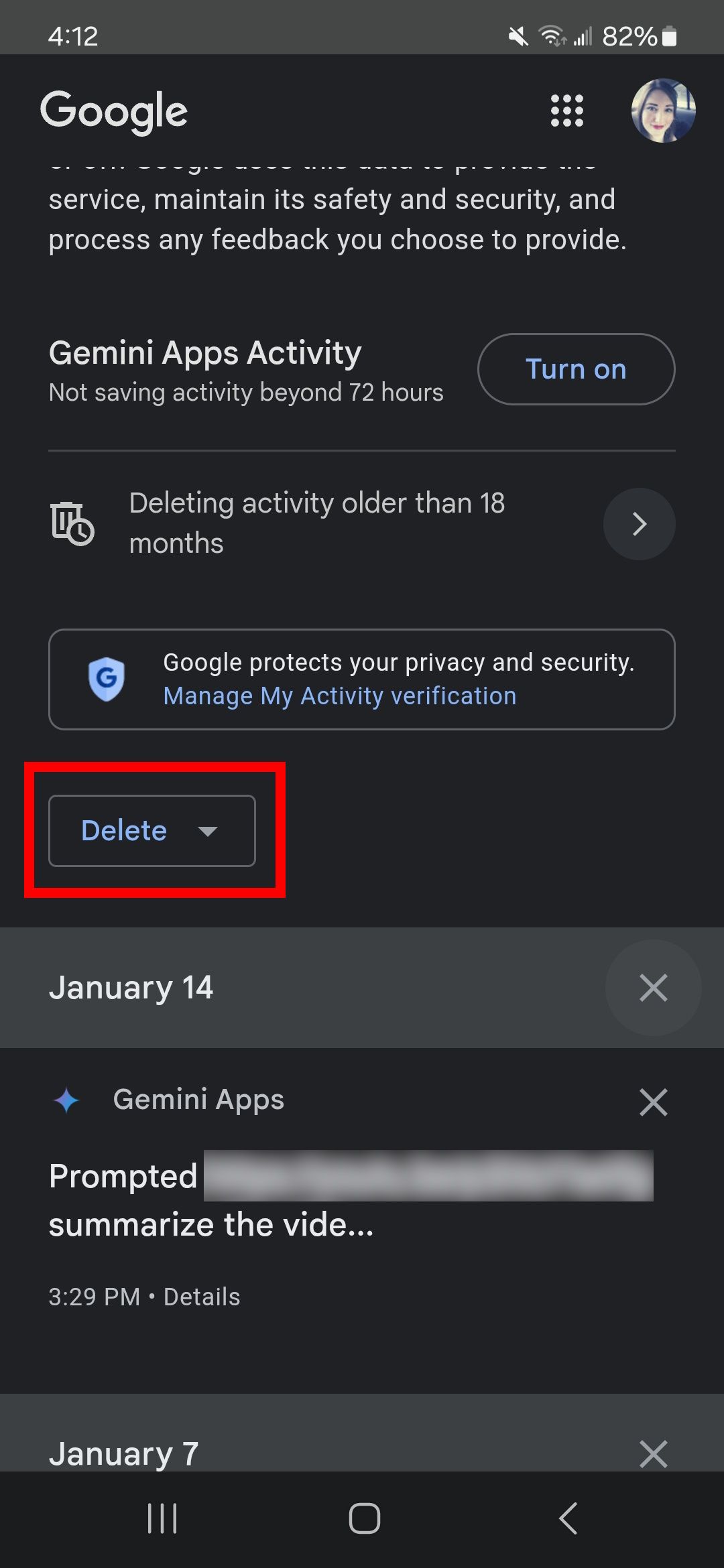 Red rectangle highlighting Delete dropdown in Gemini Apps Activity on the Gemini app