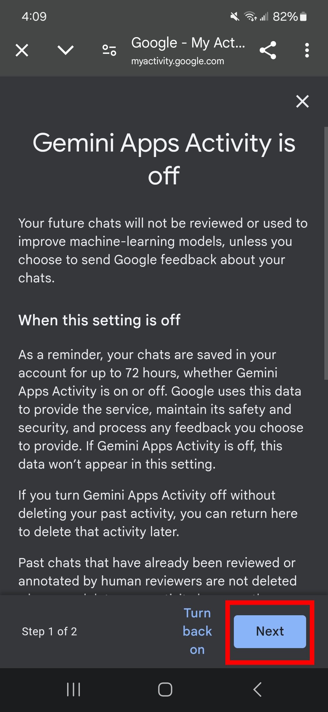 Red rectangle outline highlighting the Next button in Gemini Apps Activity is off page in Gemini app