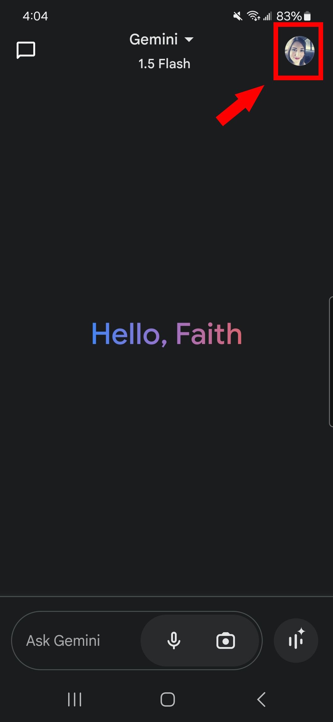 Red arrow pointing to red rectangle on the Gemini app profile in the top right corner