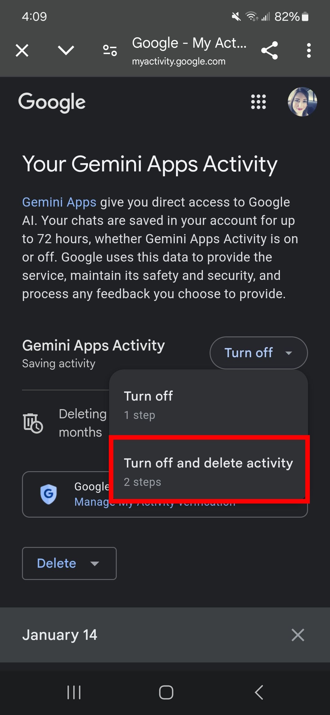 Red rectangle outline Turn off and delete activity in the turn off dropdown menu in Gemini app