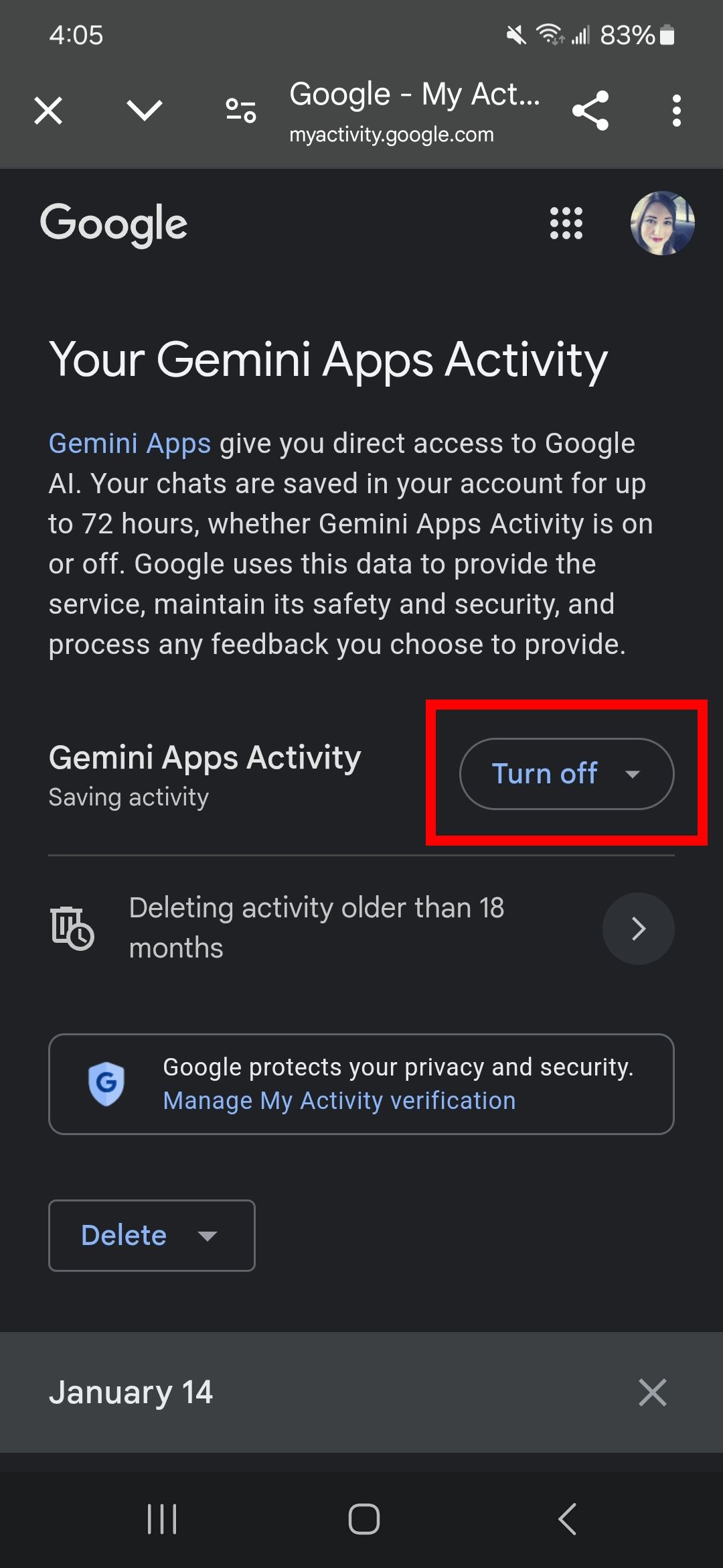 Red rectangle highlighting Turn off dropdown in the Gemini app