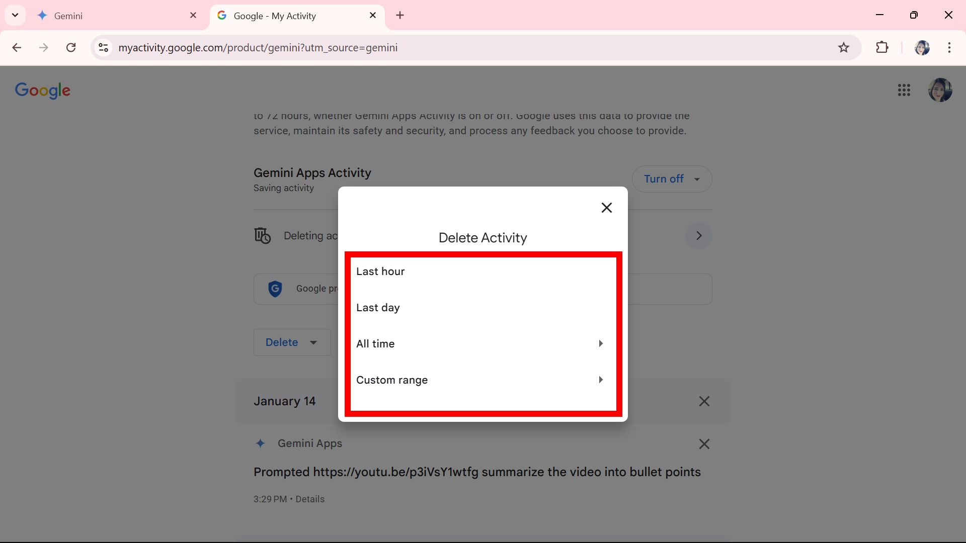 Red rectangle outline highlighting the delete activity timeframe options on Gemini website