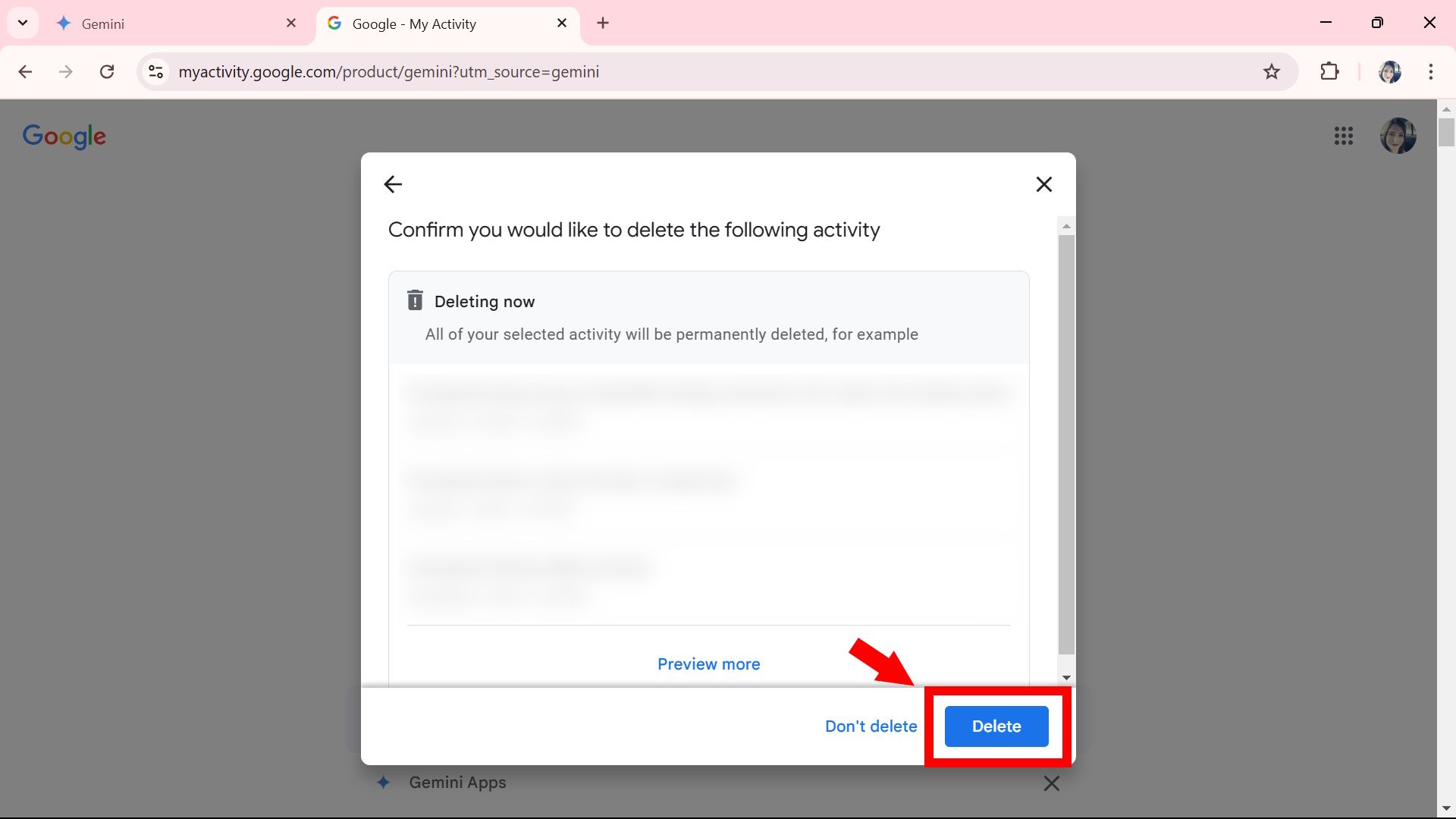 Red arrow pointing down to red rectangle outline over the Delete button for deleting recent activity on the Gemini website