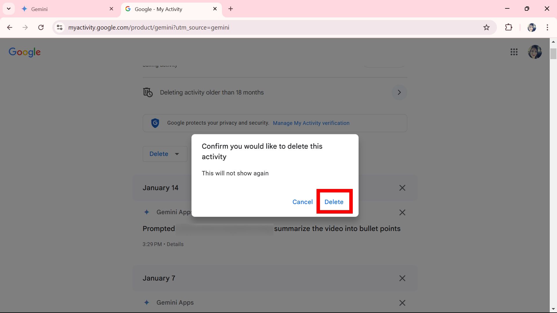 Red rectangle outline highlighting the Delete button after using clicking X on activities on Gemini website