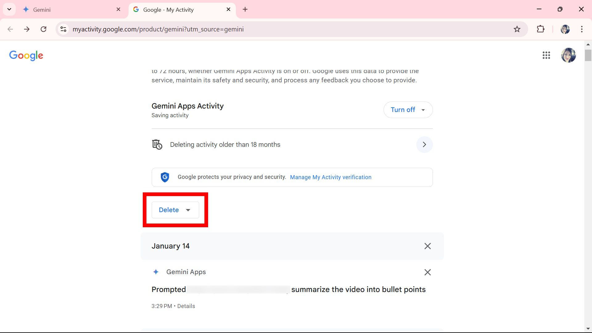 Red rectangle outline highlighting the delete dropdown menu under Gemini Apps Activity on Gemini website