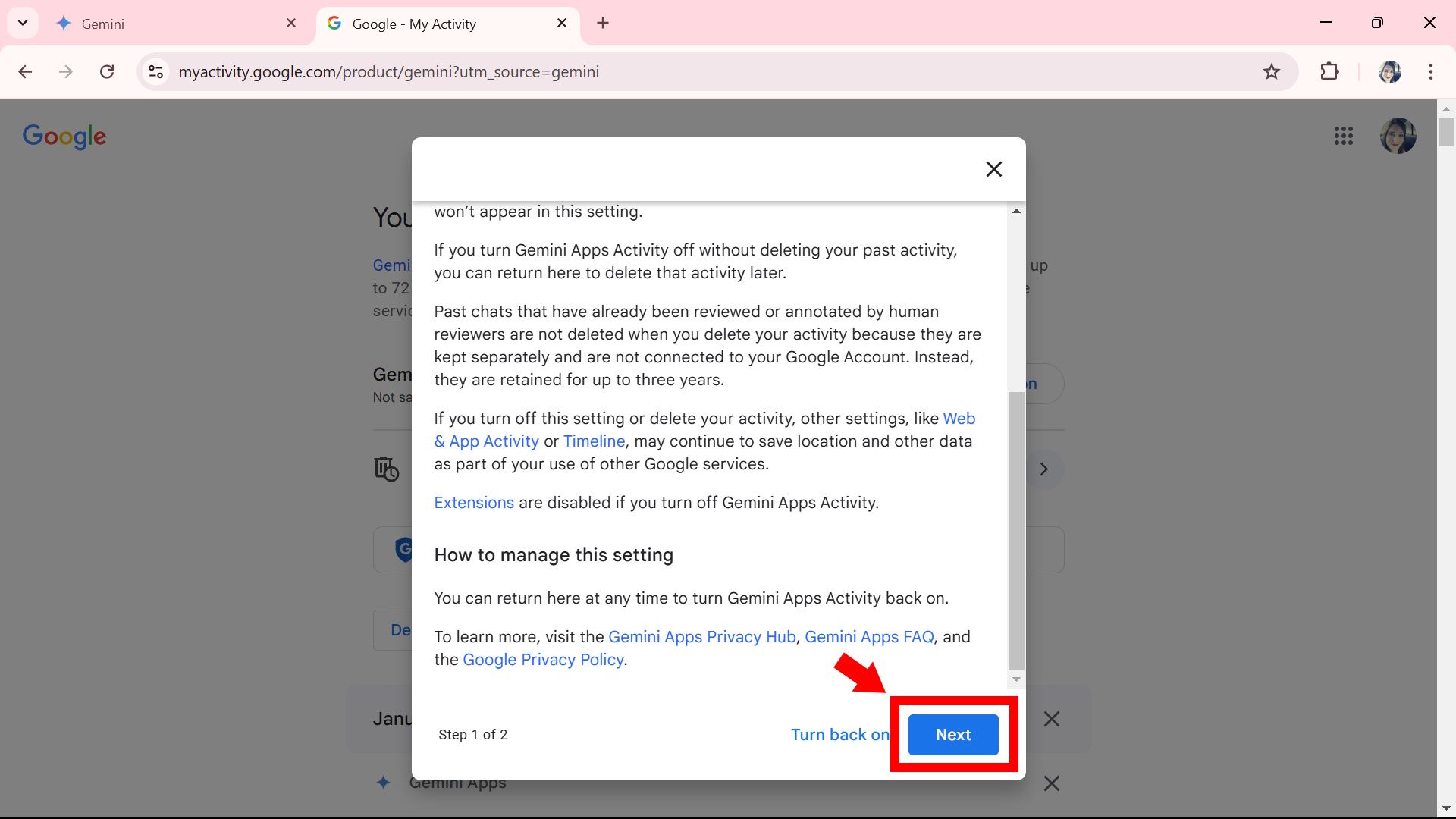 Red arrow pointing to red rectangle outline highlighting the Next button for turning off and deleting activity on Google Gemini website