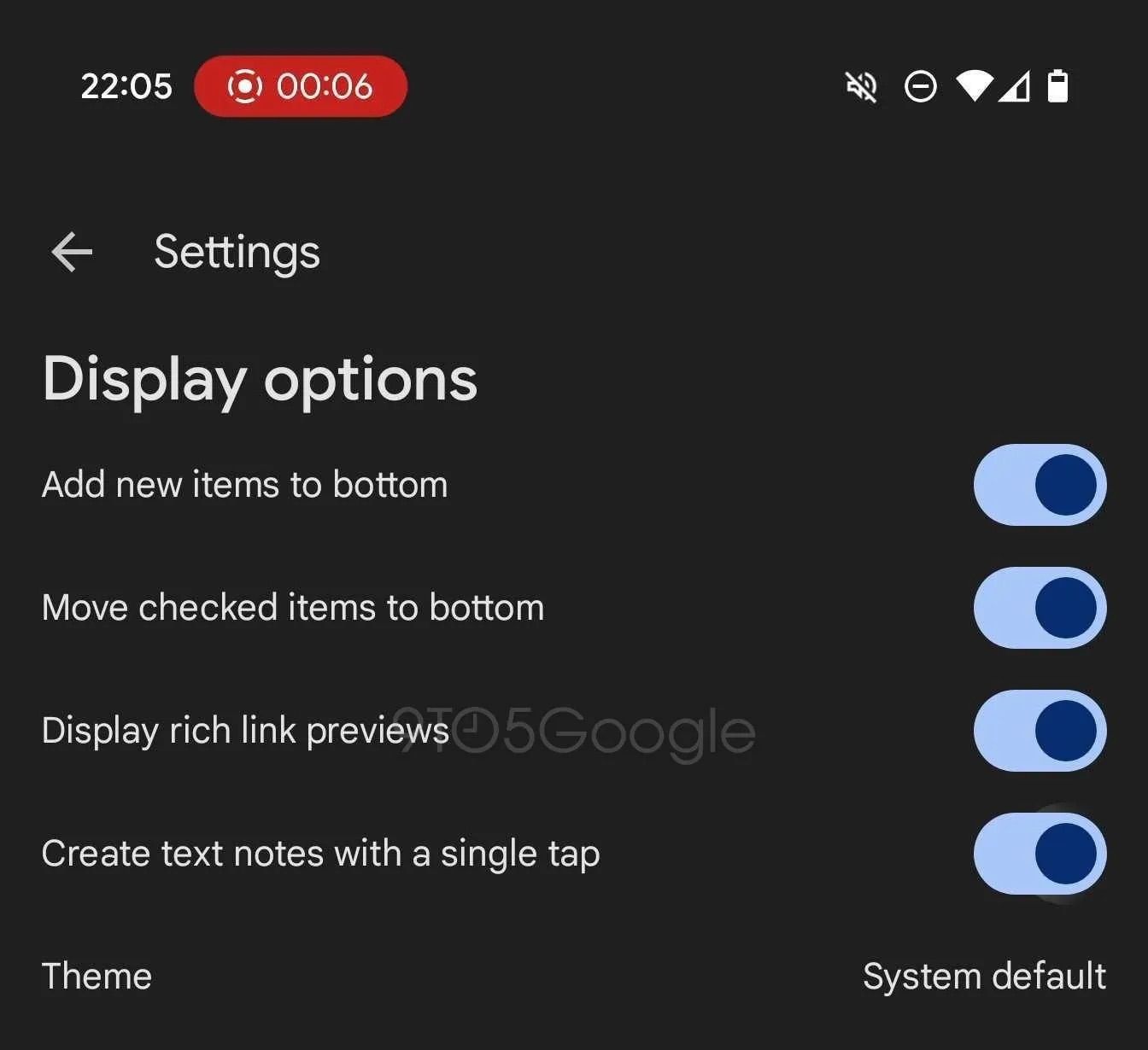 A screenshot of Google Keep’s single tap note creation toggle in Settings