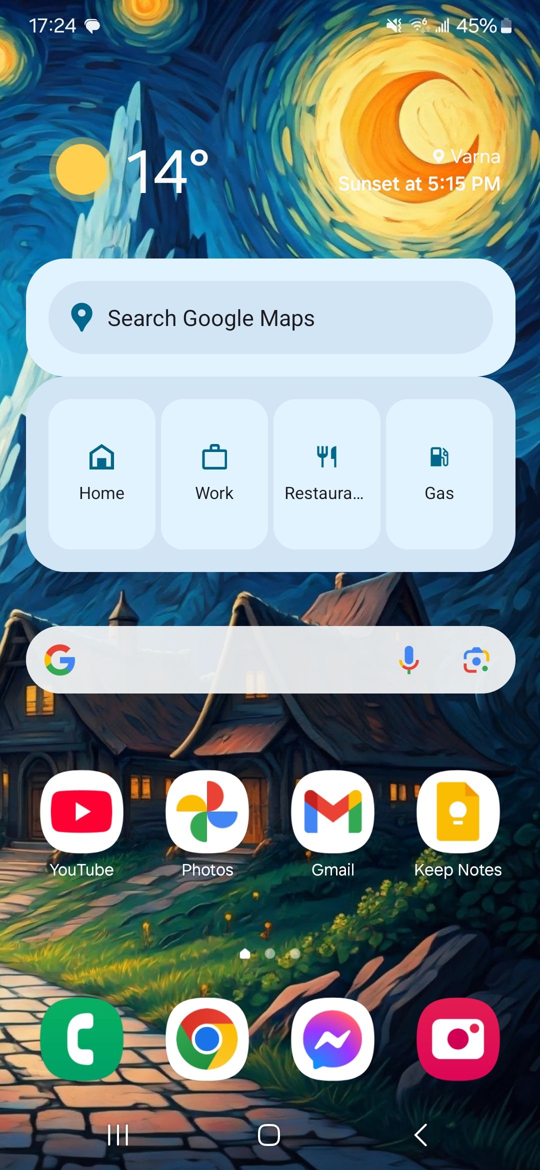 a screenshot of an android homescreen with weather, maps, and search widgets and icons 